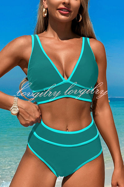 Solid Color Contrast High Waist Stretch Bikini Swimsuit