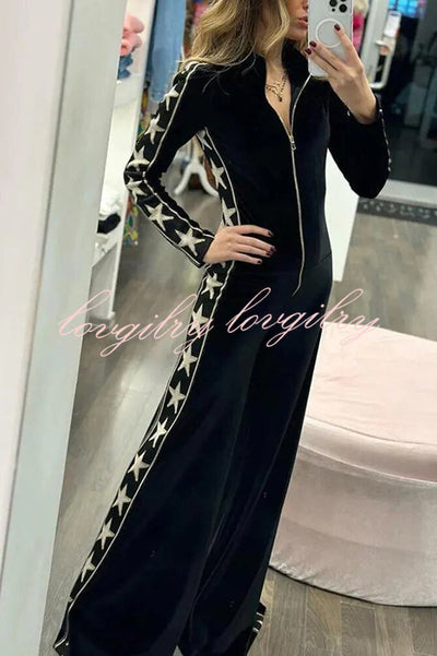 Star-print Velvet Patchwork Zipped Wide-leg Jumpsuit