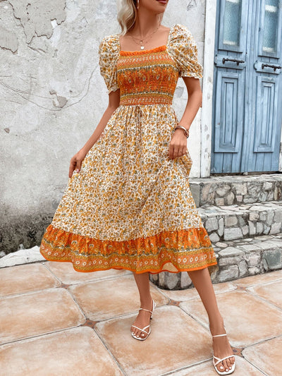 Bohemian Square Collar Puff Sleeve Printed Women's Dress