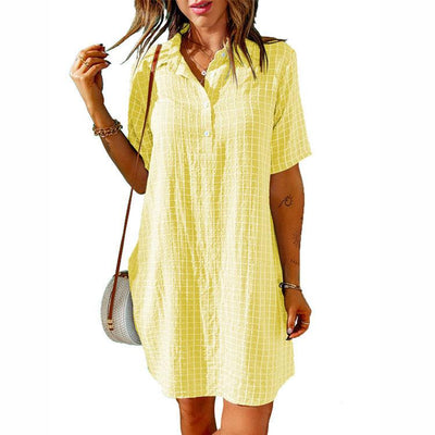 Check Neck Button Short Sleeve Shirt Dress