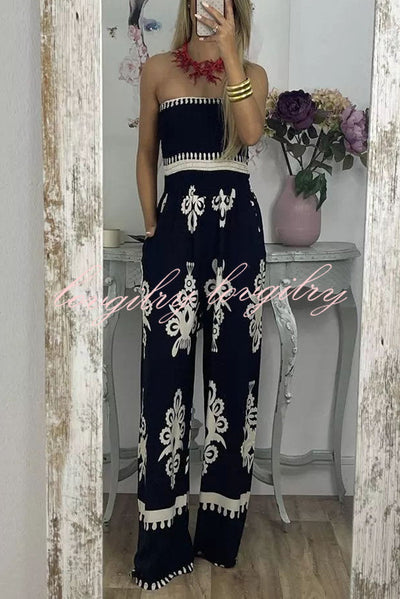 Larsen Ethnic Print Off Shooulder Smocked Bust Pocketed Jumpsuit