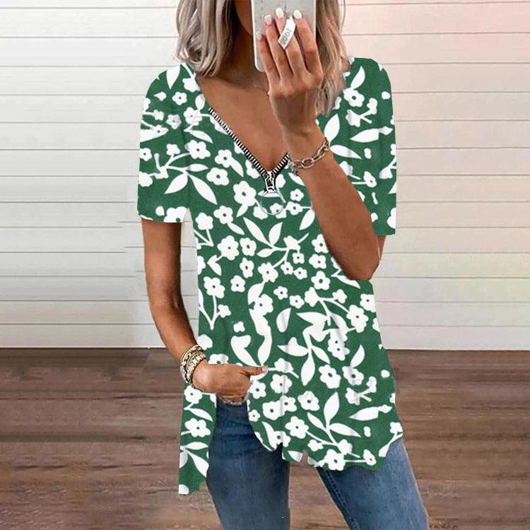 Women's V-neck Zipper Loose Floral T-shirt