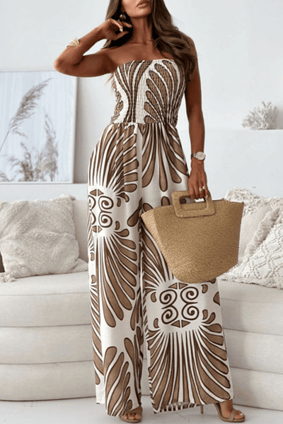 Unique Print Off-shoulder Pleated Casual Wide-leg Jumpsuit