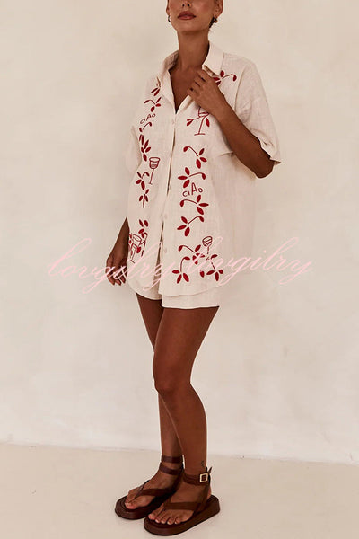 Unique Artistic Embroidered Button Lace Up Pocket Shorts Set