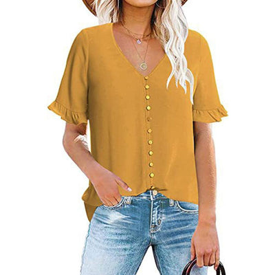 Women's Ruffle V-Neck Button-Down Shirt