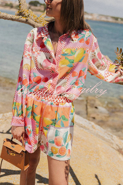 Leisurely Outings Summer Fruit Print Loose Long Sleeve Shirt and Elastic Waist Pocket Shorts Set