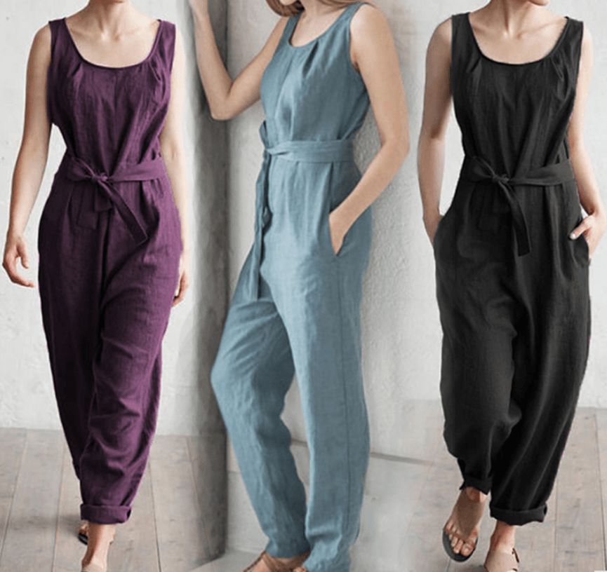 Sleeveless high waist belt cotton casual jumpsuit