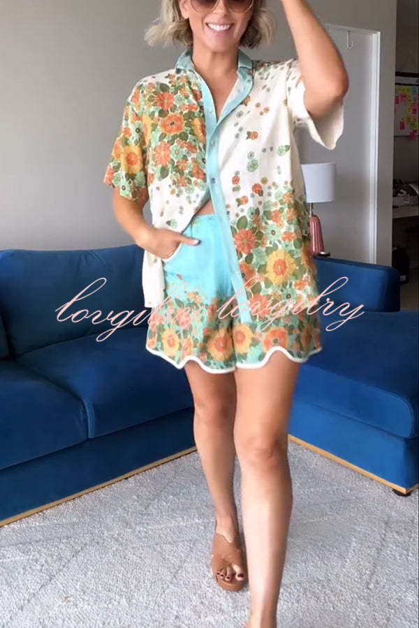 Retro Linen Blend Floral Print Shirt and High Rise Pocketed Slit Shorts Set