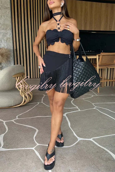 Solid Color Halter Neck Tassel Skirt Stretch Two-piece Bikini Swimsuit