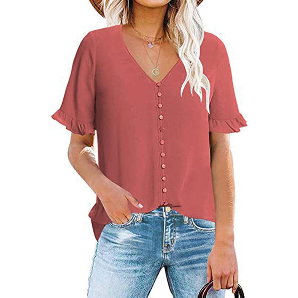 Women's Ruffle V-Neck Button-Down Shirt