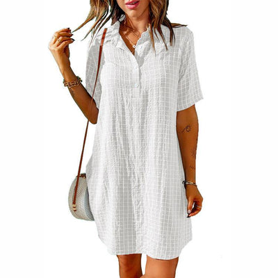 Check Neck Button Short Sleeve Shirt Dress