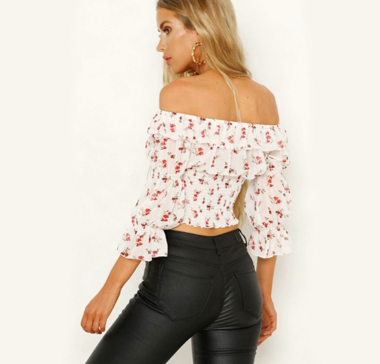 One-neck pleated short-sleeved printed tube top