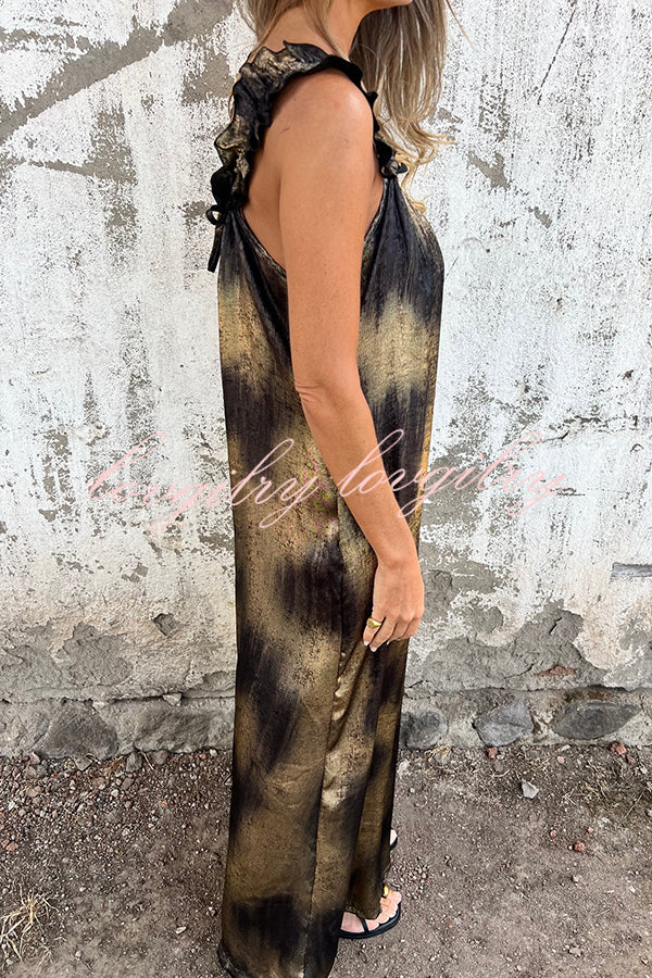 Fashionable Gold-stamped Suspenders Loose Pocket Wide-leg Jumpsuit