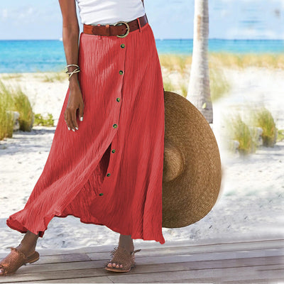 Women's Cotton Linen A-Line Hip Mid Waist Long Skirt