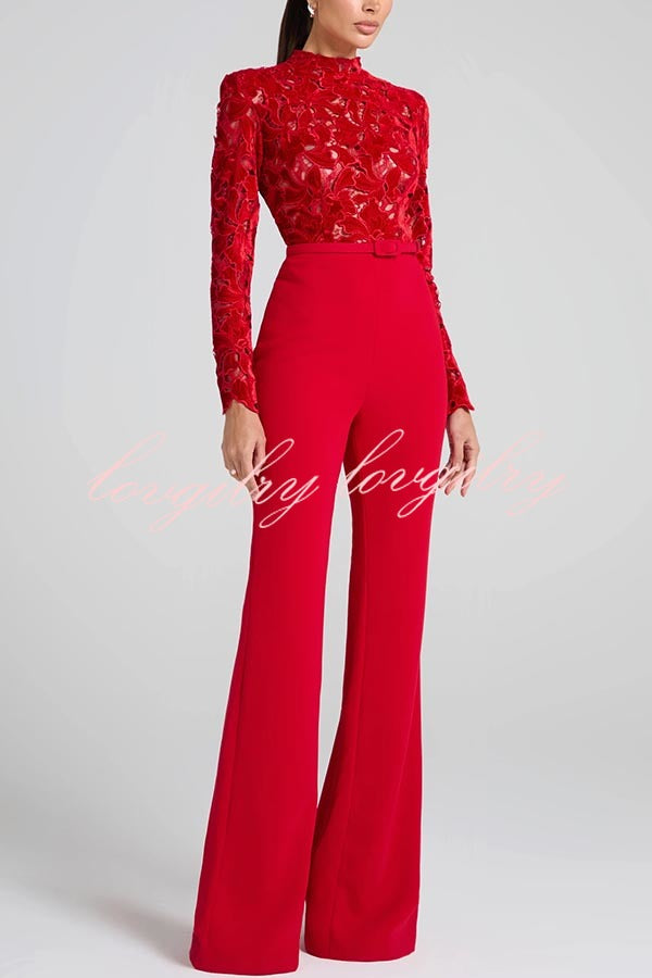 Eleanor Embroidered Floral Lace Long Sleeve Patchwork Belt Flare Jumpsuit