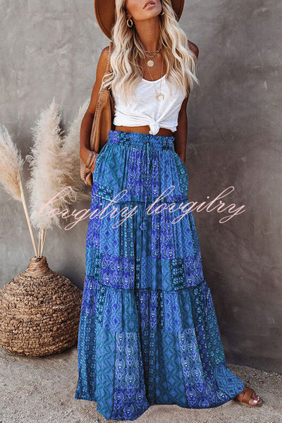 Floral Print Stretch Elastic Waist Pocket High Waist Skirt