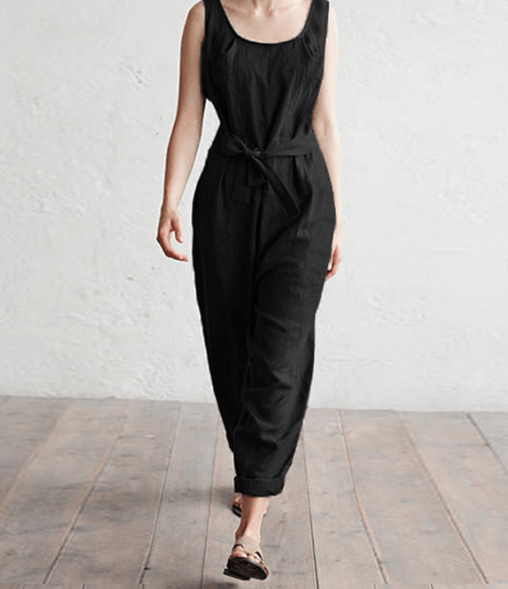 Sleeveless high waist belt cotton casual jumpsuit