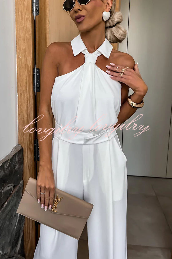 Fashionable Unique Look Halter Shirt Collar Wide Leg Jumpsuit