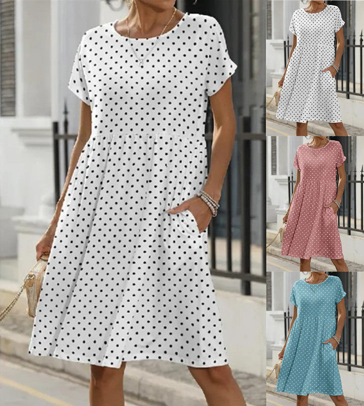 Summer Polka Dot Print Dress with Short Sleeves and Round Neck