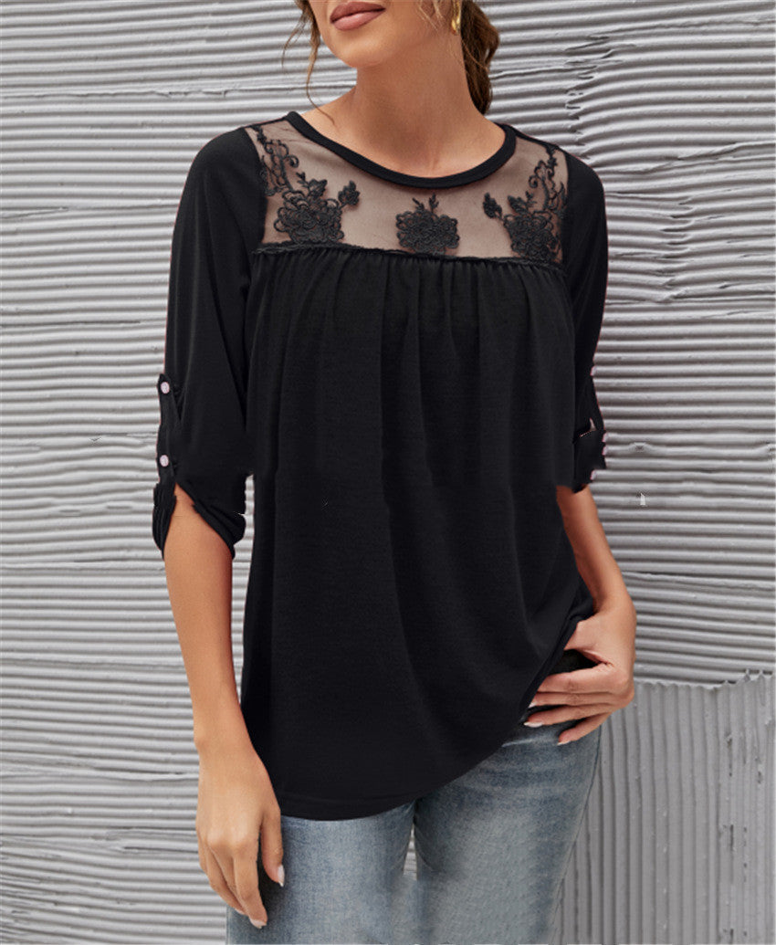 Women's Long Sleeve Lace Pleated Top