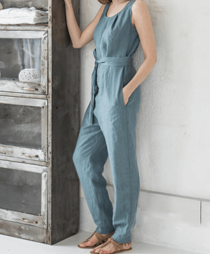 Sleeveless high waist belt cotton casual jumpsuit