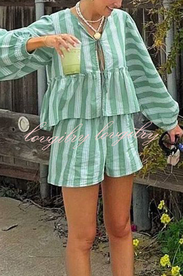 Stylish Striped Print V-neck Tie Top and Elastic Waist Loose Shorts Set