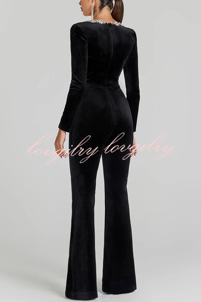 Classic Charm Velvet Jewel Embellished Trim Long Sleeve Flare Jumpsuit