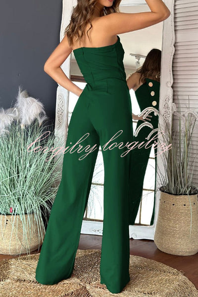 Solid Color Sexy Tube Top Gold Button Embellished Bootcut Jumpsuit