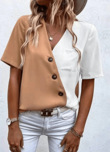 Contrast V-Neck Short Sleeve Shirt