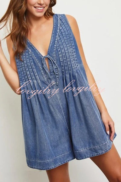 Downtown Daze Denim Pleated Tie-up Pocketed Loose Romper