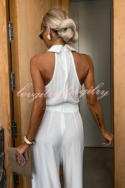 Fashionable Unique Look Halter Shirt Collar Wide Leg Jumpsuit