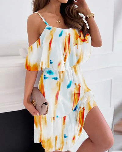 Flower Printed Summer V-neck Stitching Off-the-shoulder Strap Dress