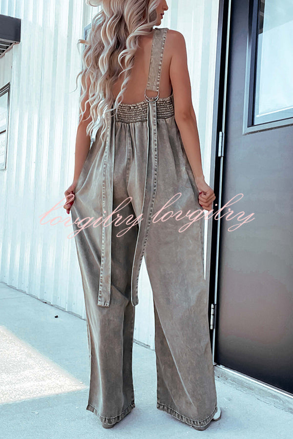 Solid Color Sexy V-neck Open Back Pleated Loose Denim Jumpsuit