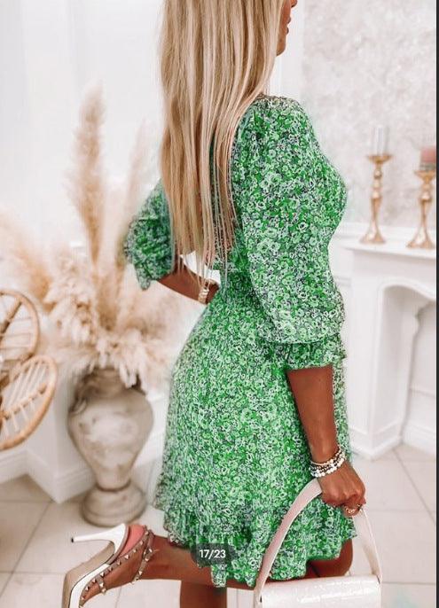 Printed Short Sleeve Puff Sleeve Mid-Rise Floral Dress