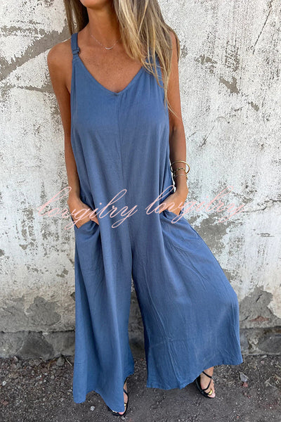 Linen Blend Solid Color Suspenders Loose Pockets Casual Wide-leg Jumpsuit