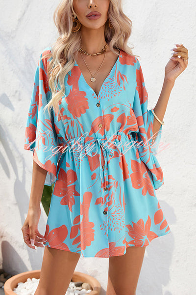 Botanical Print Button Drawstring Waist Dolman Sleeve Loose Romper