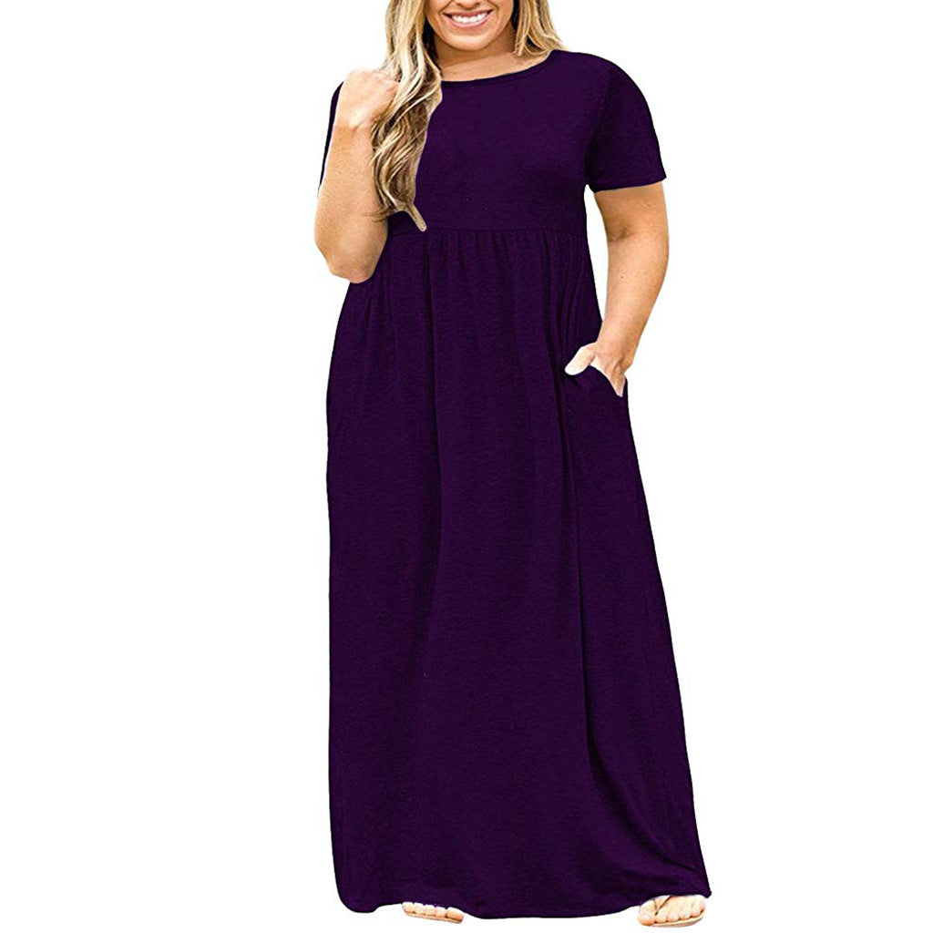 Short Sleeve Round Neck Solid Color Dress