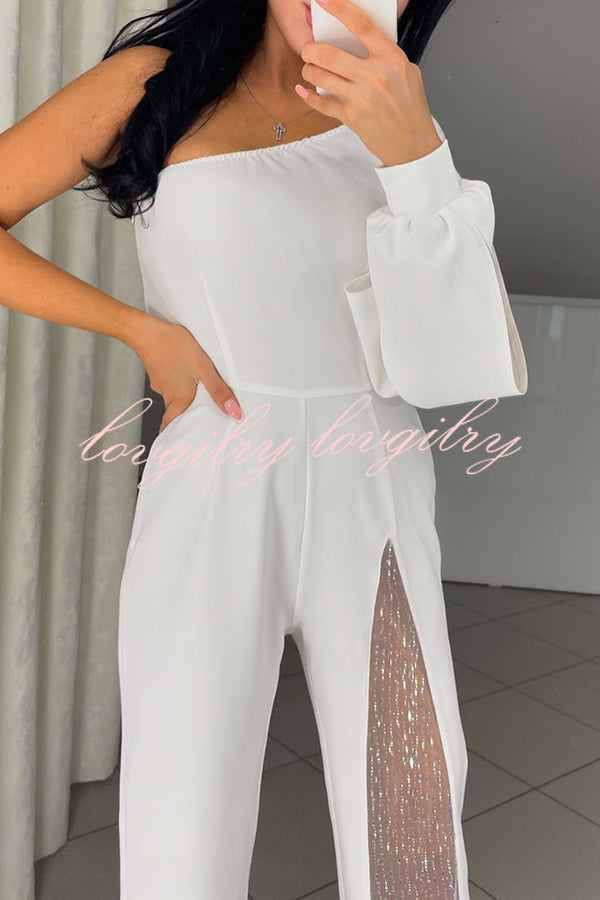 Fashionable Oblique Shoulder One-sleeve Sexy High Slit Slim Jumpsuit