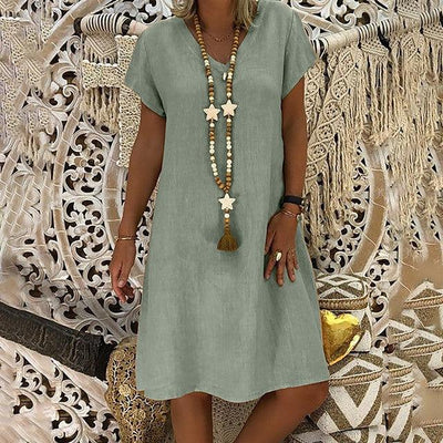 Print Short-sleeved V-neck Mid-length Dress