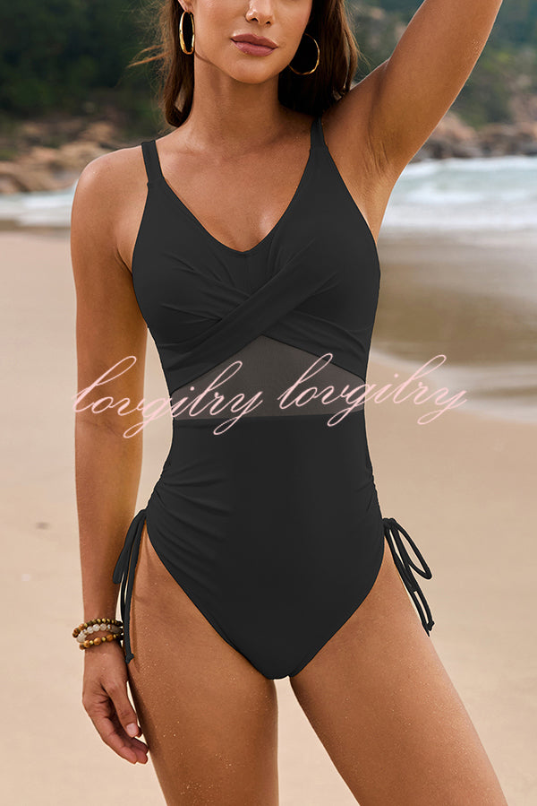 Solid Color Drawstring Waist Mesh One-Piece Swimsuit