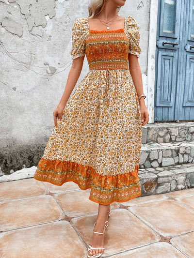 Bohemian Square Collar Puff Sleeve Printed Women's Dress