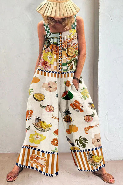 Good Timing Linen Blend Tropical Fruit Print Pocketed Wide Leg Jumpsuit