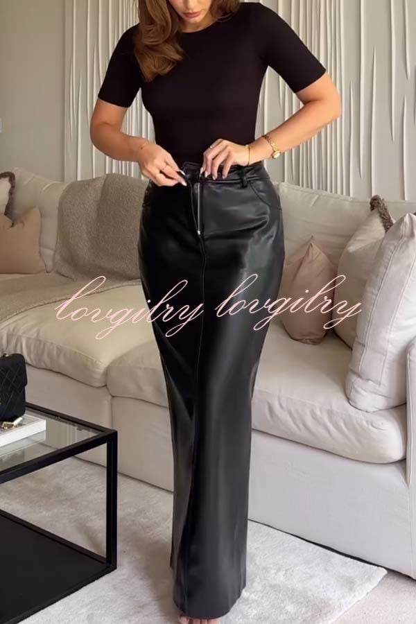 Classic Feel Faux Leather Mid Rise Pocket Slit Stretch Maix Skirt