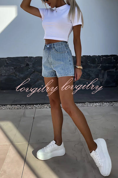 Fashion Rhinestone Loose Pocket Denim Shorts