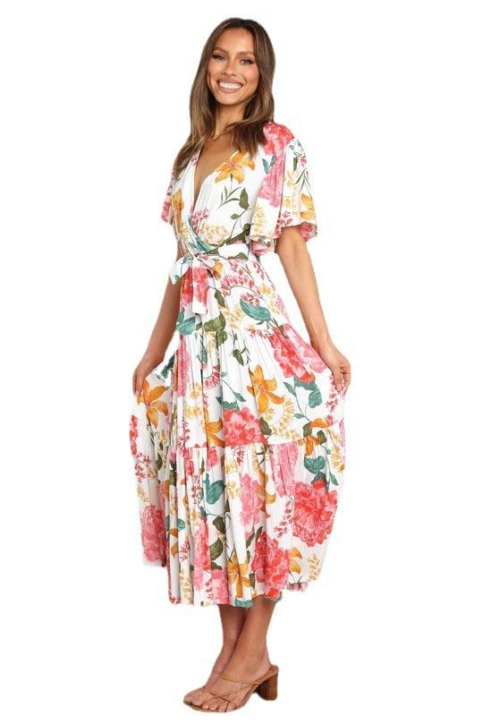 V-Neck Print Short Sleeve Bohemian Dress