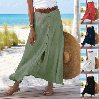 Women's Cotton Linen A-Line Hip Mid Waist Long Skirt