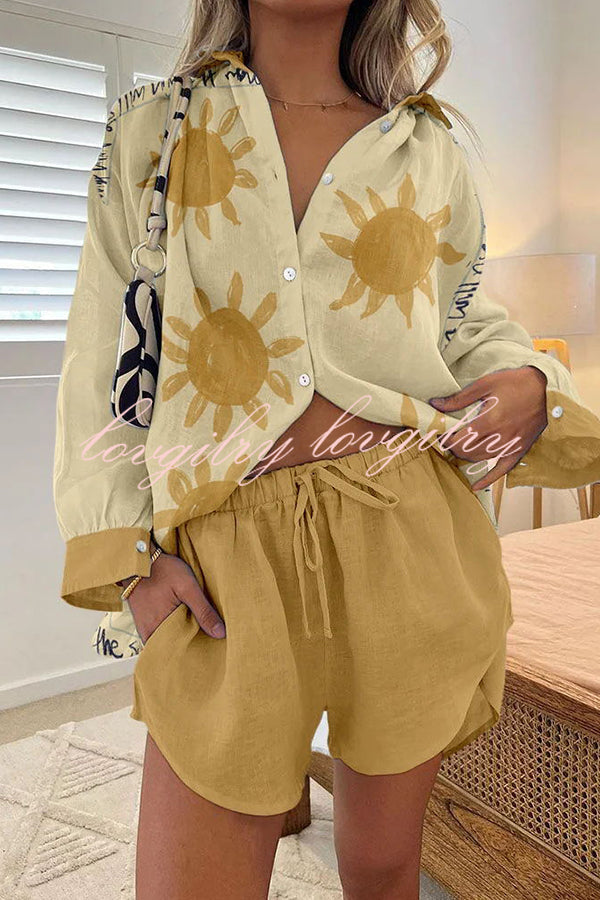 Simple Summer Sun Print Buttoned Lace Up Shorts Set