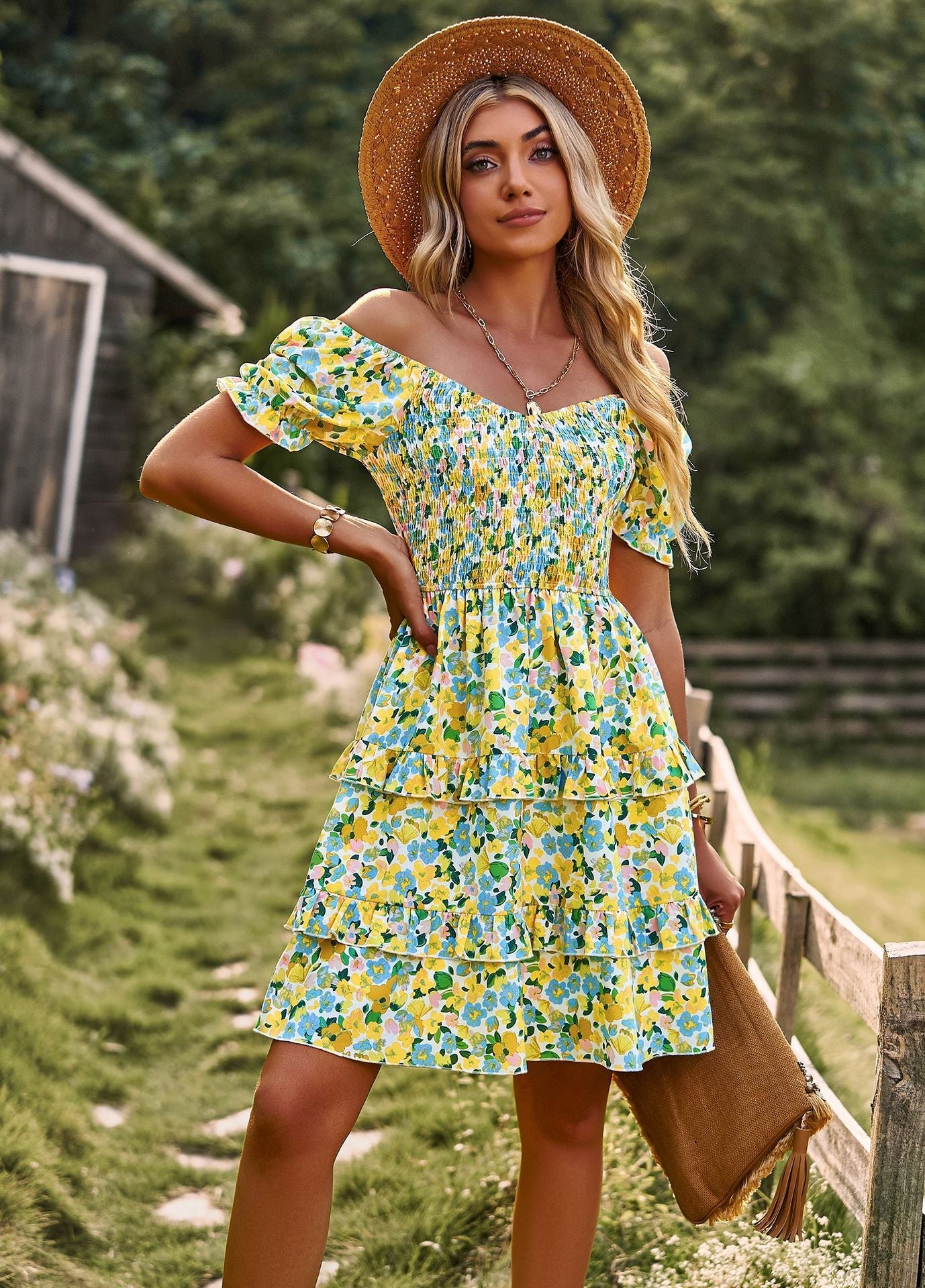 Floral Ruffle Short Sleeve Off Shoulder Mini Dress