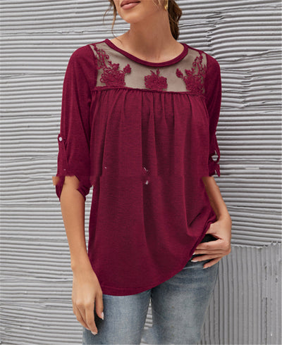 Women's Long Sleeve Lace Pleated Top