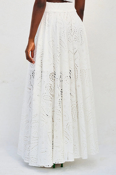 Paris Dreaming Embroidered Lace High Rise Elastic Waist Pocket Maxi Skirt